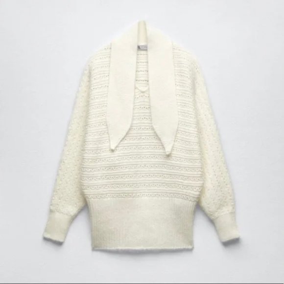 NEW ZARA BOW COLLAR KNIT SWEATER ECRU WHITE 6771/003 SMALL - Picture 4 of 6